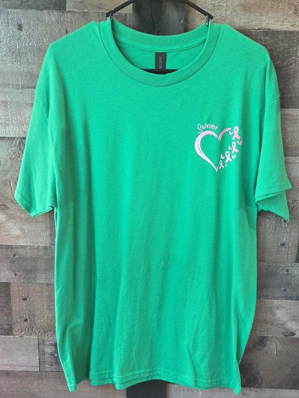 Gildan Breast Cancer Survivor Short Sleeve Tee Sz Large Kelly Green/Pink